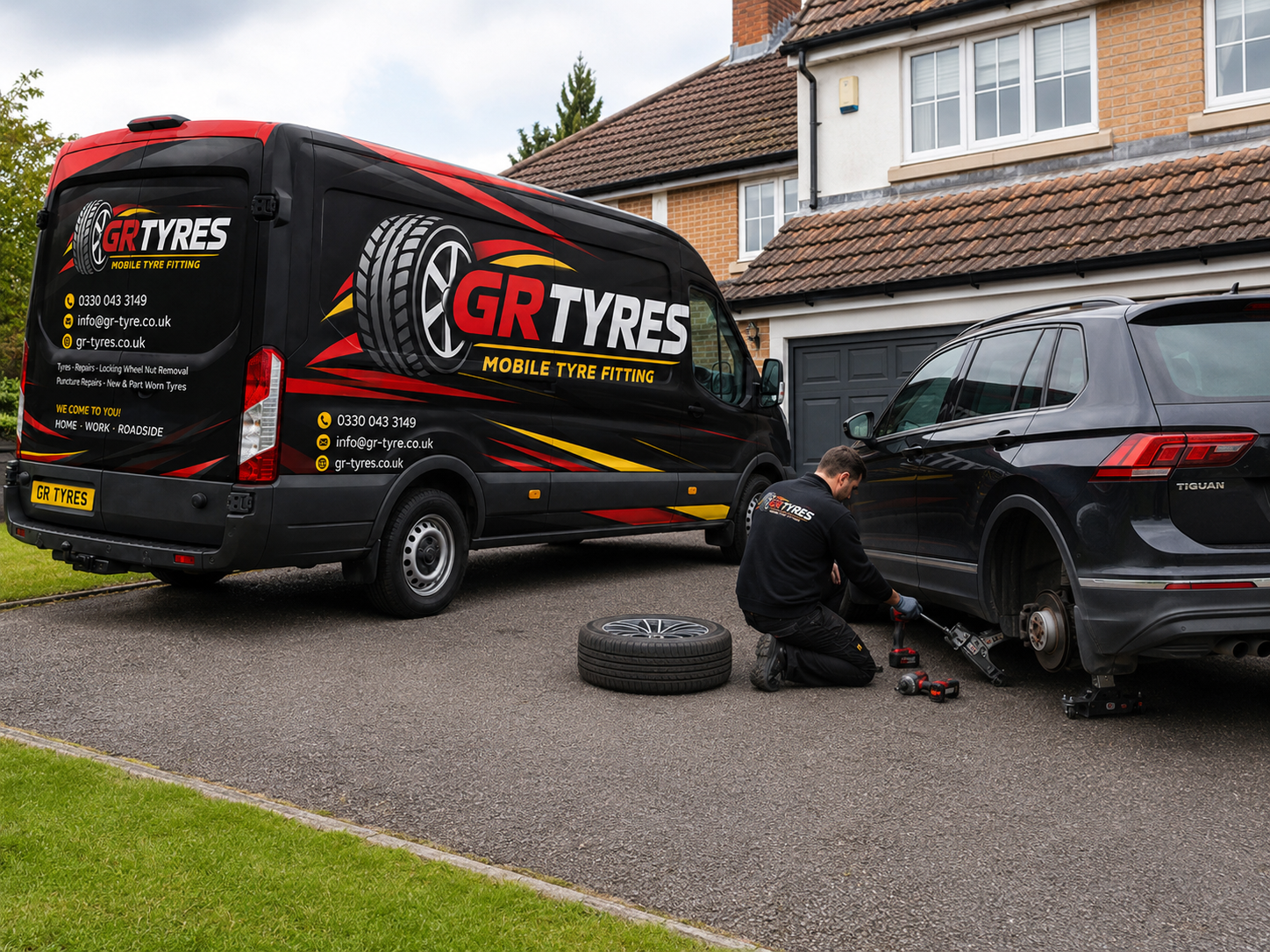 GR-Tyres van fitting a BMW at a customer's home